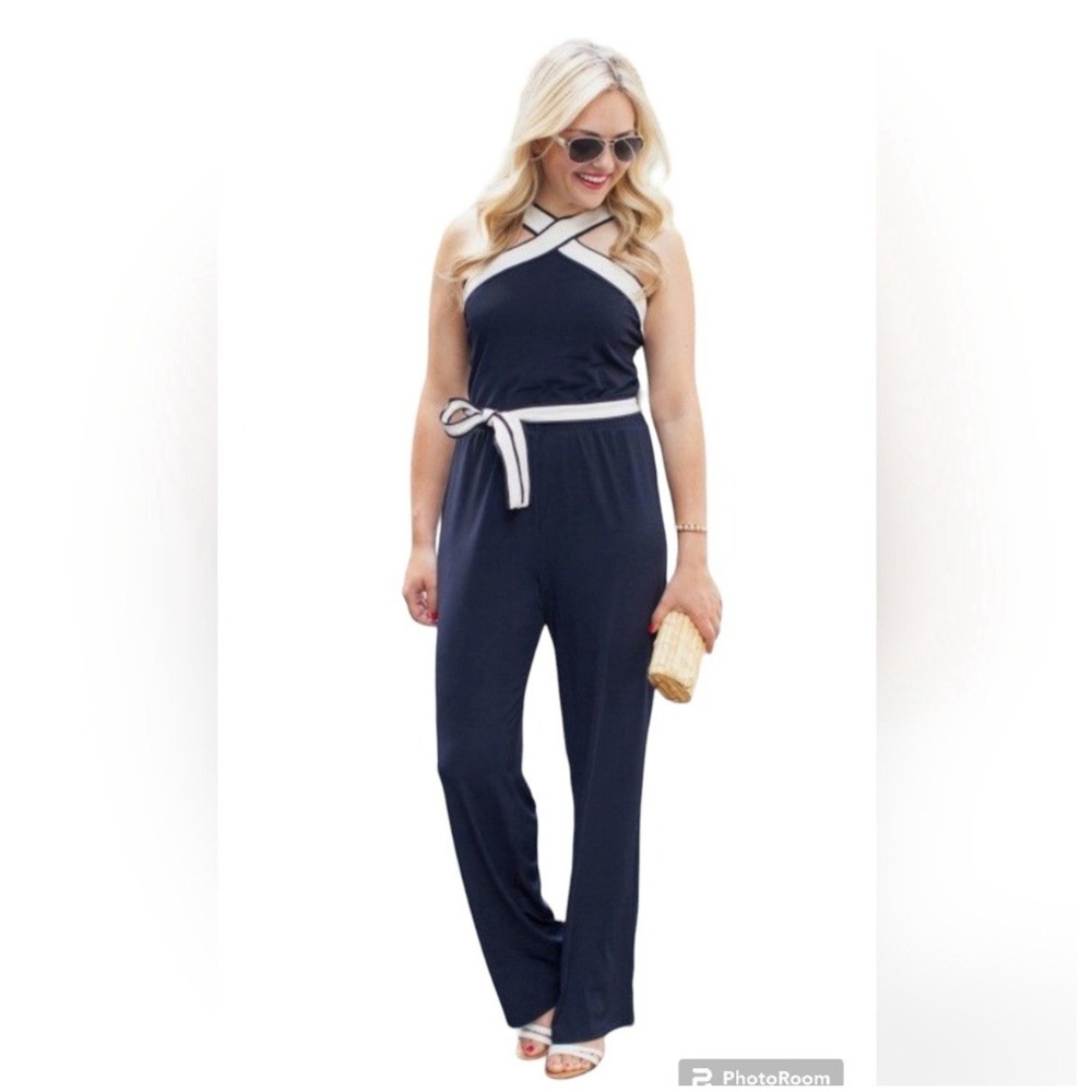 Ann Taylor Women's Navy Blue White‎ Trim Jumpsuit Size 6 Sleeveless Belted